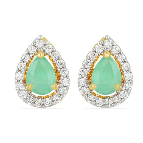 BUY 14K GOLD NATURAL EMERALD GEMSTONE EARRINGS WITH WHITE DIAMOND